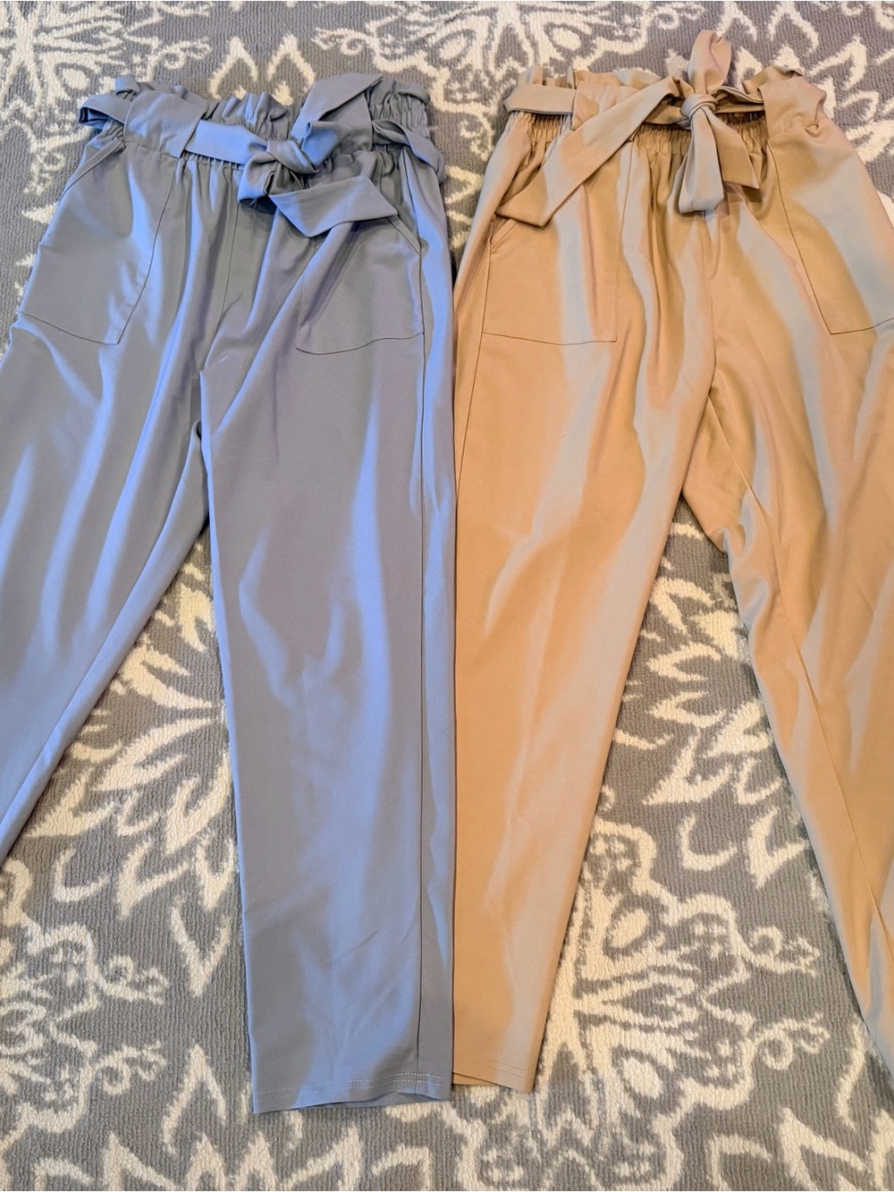 High-Waist Paperbag Pants with Tie - Grey and Tan